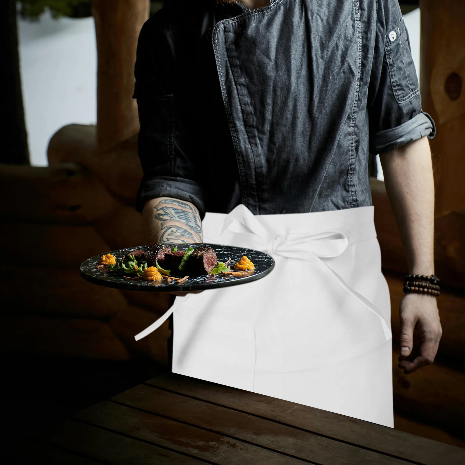 Fartuch bistro unisex do połowy uda, biały, fartuch jednorzędowy, fartuch dla kelnerów restauracji, fartuch kucharski dla kobiet i mężczyzn