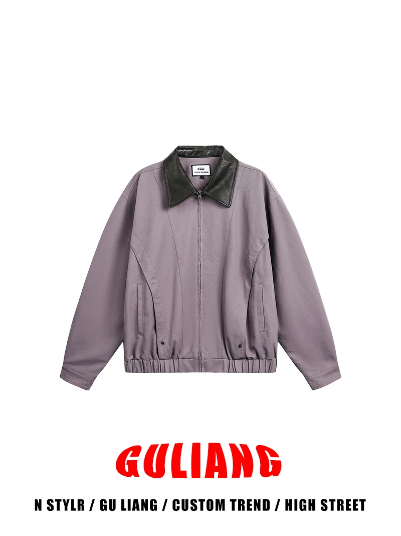 

Guliang American Street Retro PU Leather Collar Patchwork Purple Workwear Jaet Men's Casual Versatile Outerwear Trendy