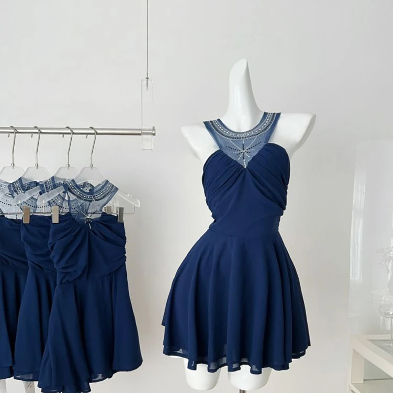 

Navy Sleeveless Sexy Women Dress Summer Elegant Backless Mini Dress Mesh Party Cockail Sheer Breathable Eveing Gown Vestidos
