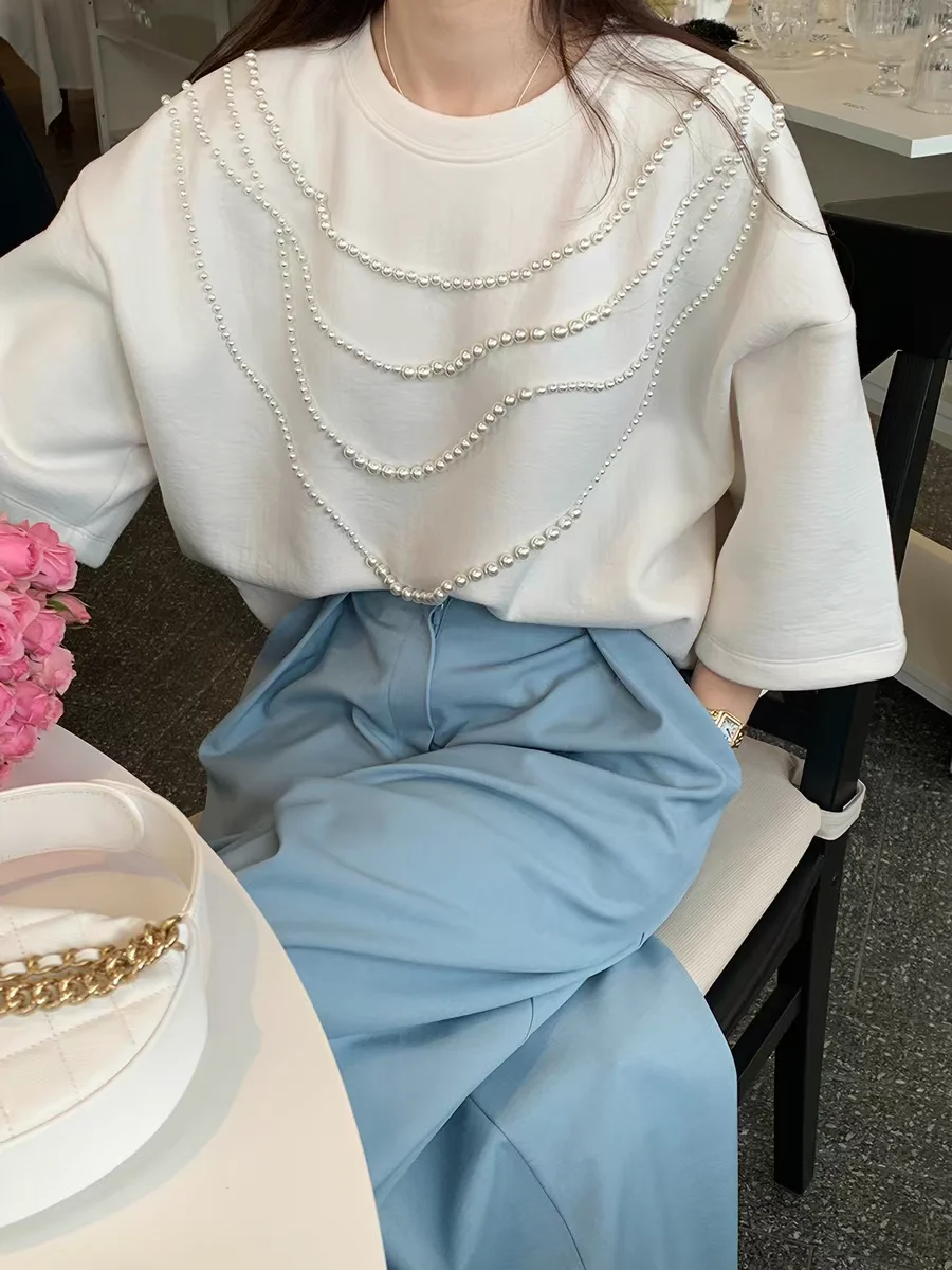 

Summer Casual Loose Women's T-shirt Short Sleeve Beaded Design Sweatshirt Top Fashionable Korean Style round Neck Pullover
