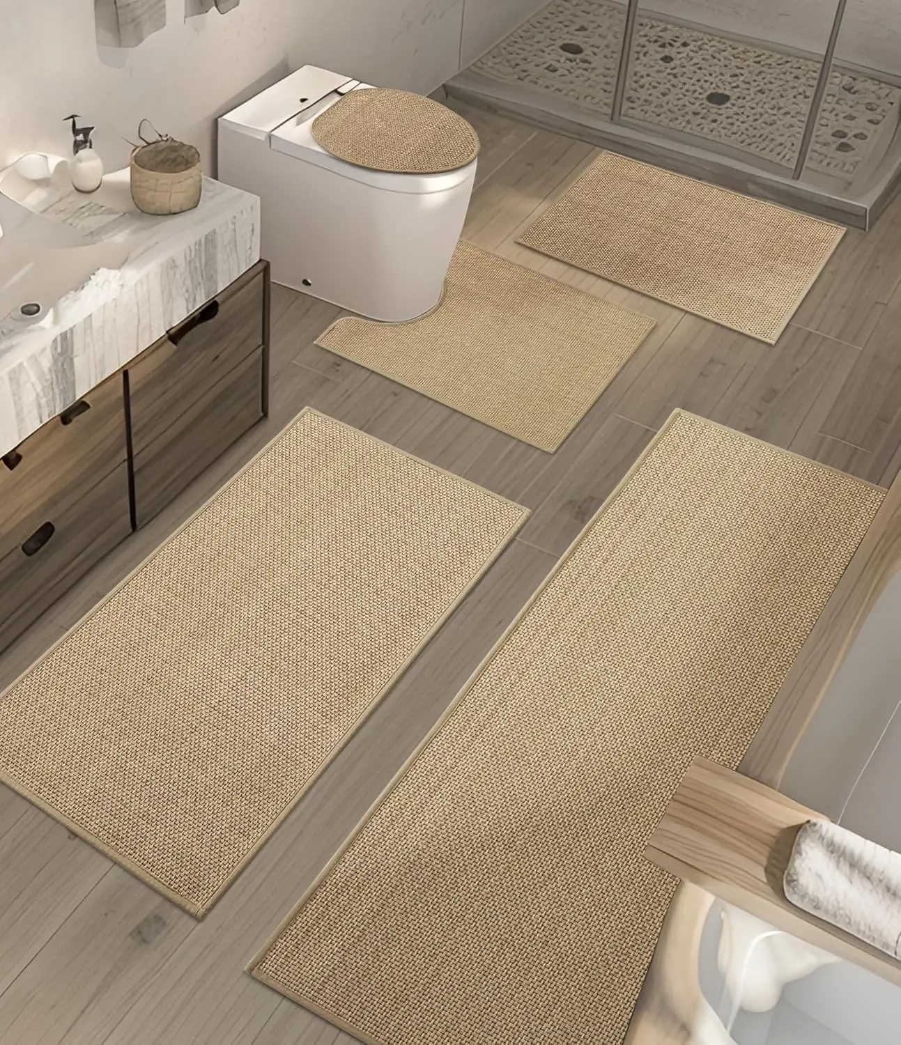 

Набор из 5 бежевых ковриков для ванной комнаты, ультратонкие впитывающие коврики с нескользящей резиновой основой, быстросохнущие, моющиеся, подходят для установки под дверью.