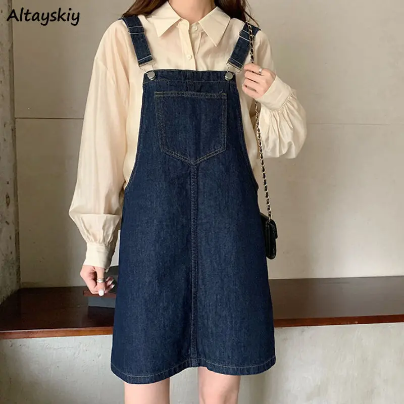 Sleeveless Denim Dresses Women Preppy Style New Summer Young All-match Kawaii Schoolgirls Retro Ulzzang Simple Pockets Design