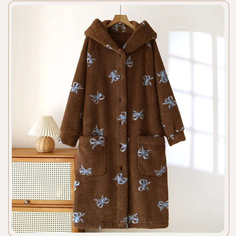 

Hooded Bathrobe Female Warm Sleepwear For Winter New Thicken Flannel Robes For Woman Sleeping Gown Loungewear Pajamas