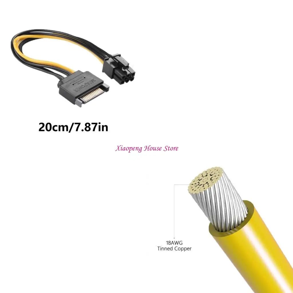 Sata15P to 6P Male Power Cable for Video Card Use Flame Resistant PVC Coating 77JC
