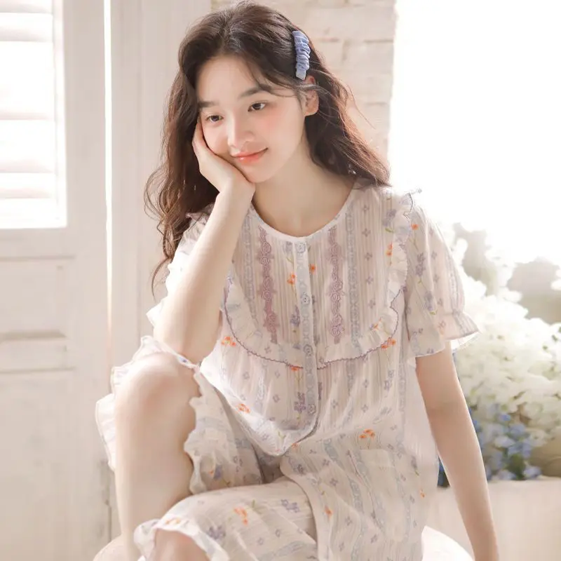 Women's Summer Pajama Set Lightweight Cotton Short Sleeves Plus Size Loose Fit Sweet Solid Color Loungewear 2XL Size 2 Pieces