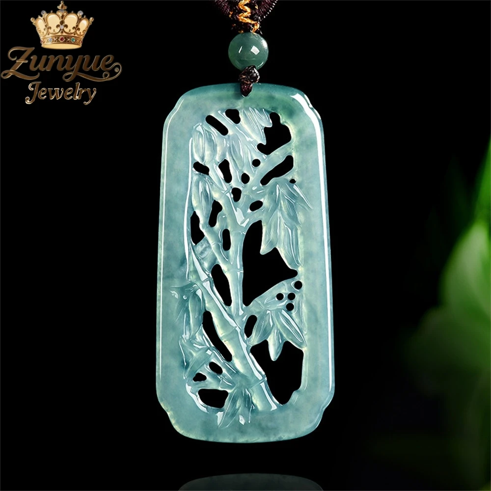 Natural A-Grade Jadeite Blue Water Hollowed-Out Bamboo Joint Pendant Fashion Jewelry Charms Exquisite High-end Fine Holiday Gift