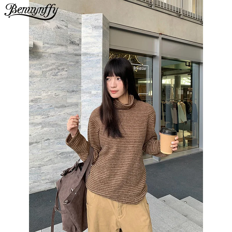 

Женские теплые футболки Benuynffy с длинным рукавом в полоску, осень-зима 2026, новая коллекция, винтажный корейский стиль, свободный крой, с высоким воротом