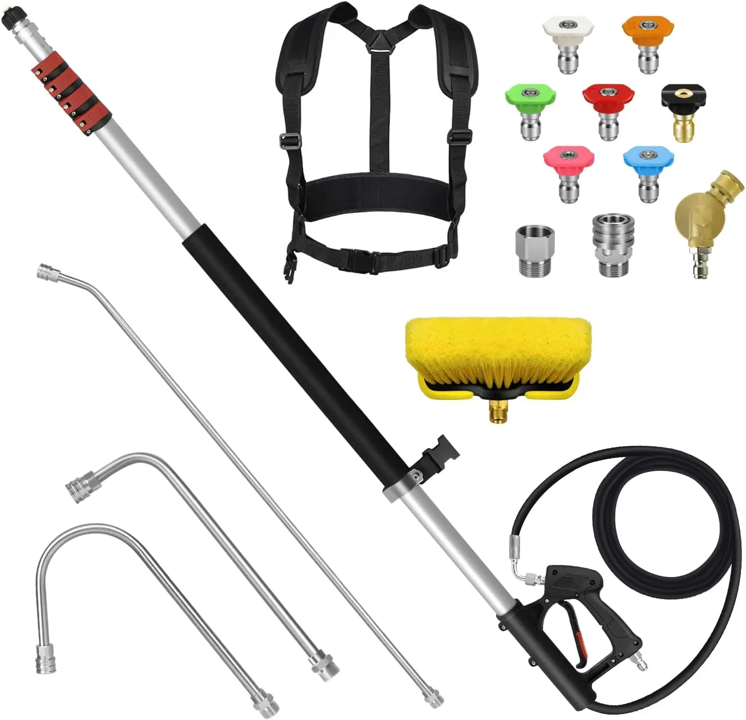 

24FT Telescoping Pressure Washer Wand Kit - 2 Extension Poles, Gutter Cleaner, Brush, Pivoting Coupler & 7 Nozzles for Roof, Dec