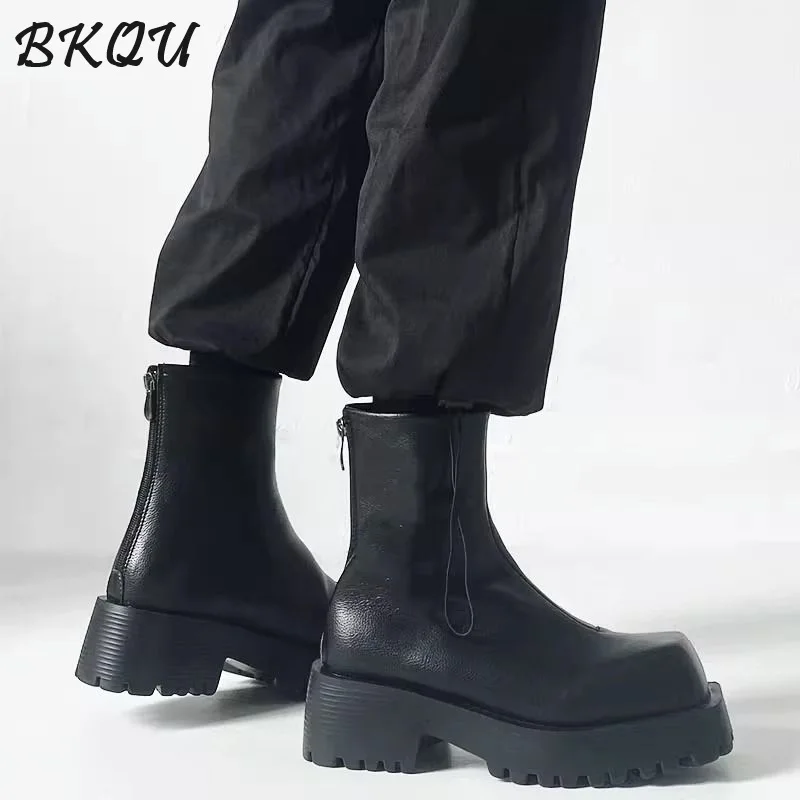 BKQU Square Toe Boots Men's Hipster Platform Booster Bar Europe and America High Top Chelsea Smoke Boots Winter Cashmere