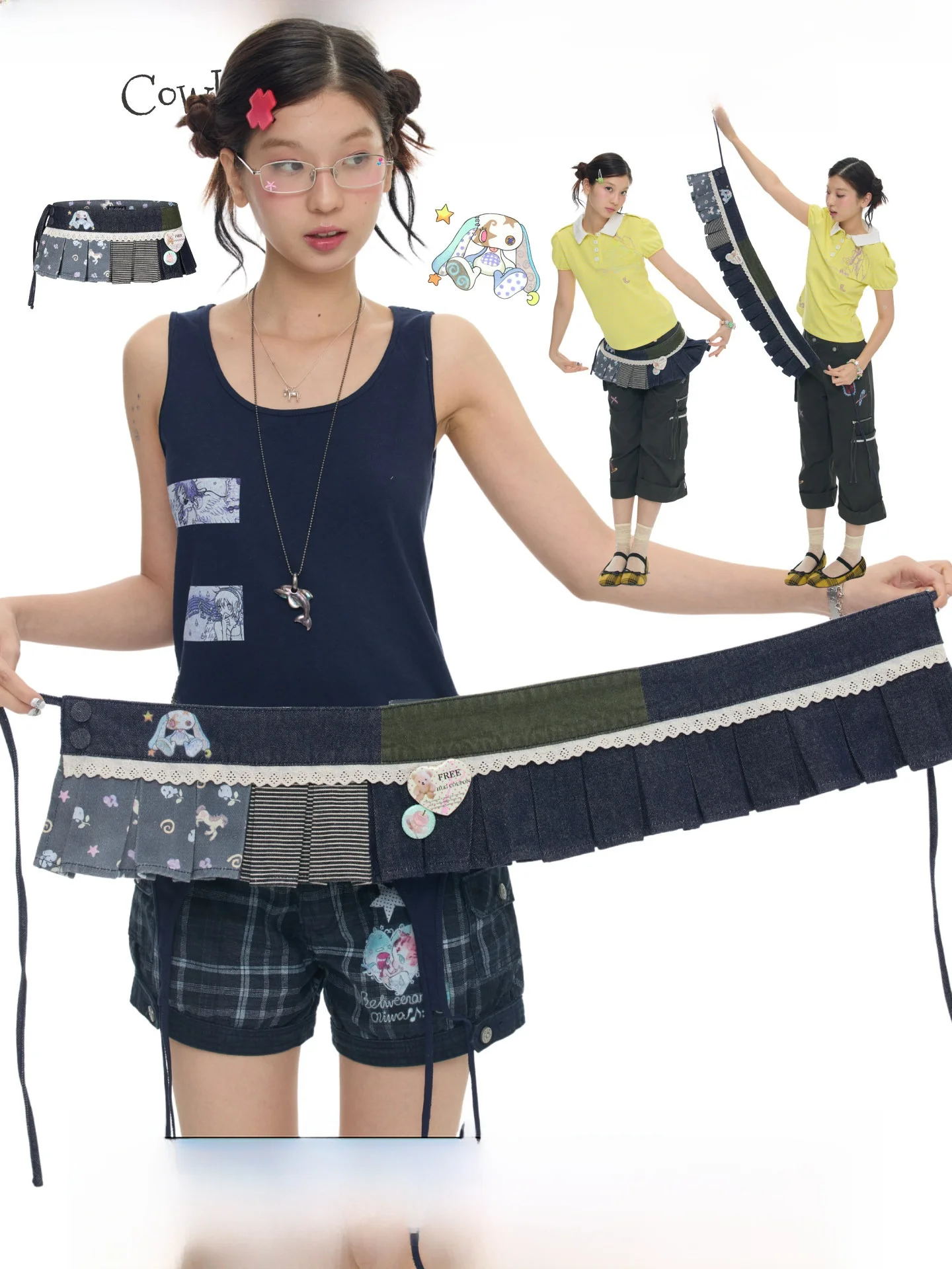 BENANDx Oli Frog Retro Blue Denim Striped Skirt Women High Waist Layering Sensation Overlap Wearing Casual Style Printed Poly...