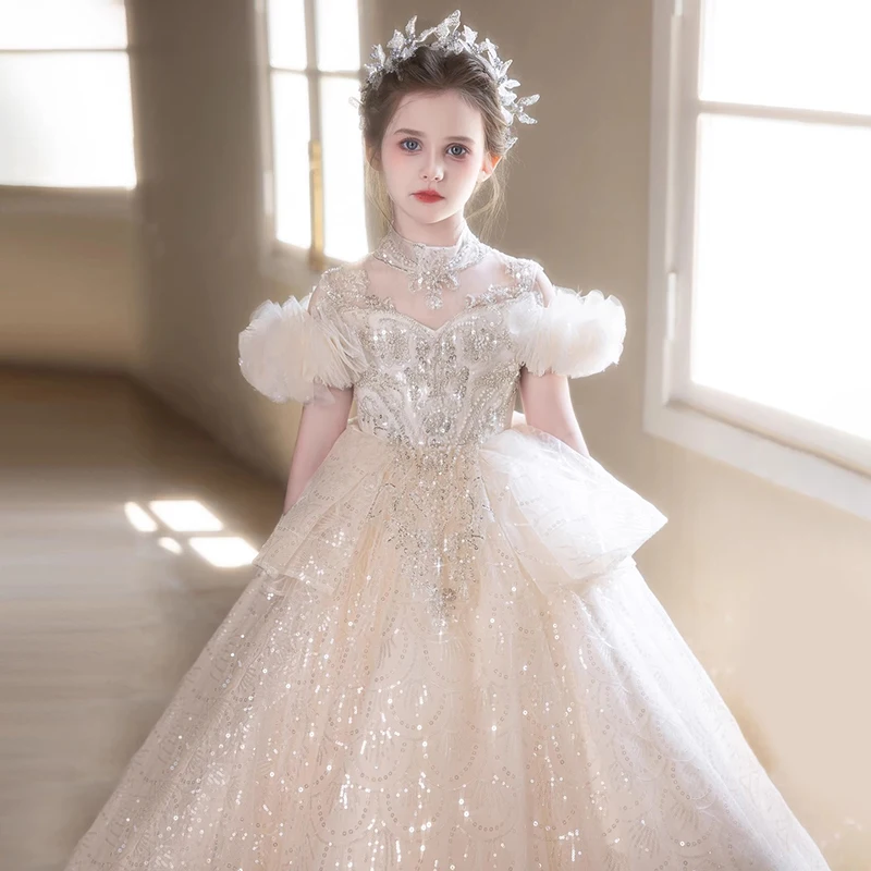 Flor meninas vestido de casamento luz luxo apliques piano desempenho vestidos requintado fora do ombro brilhante baile de formatura vestidos de princesa