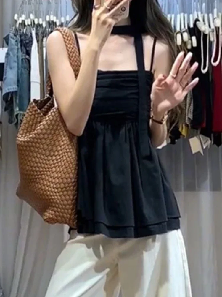 Y2k سترة فضفاضة ذات ثنيات سوداء جمالية 2025 صيفية هاراجوكو الجنية ضمادة قميص قصير حلو الجرونج نمط عطلة عتيق