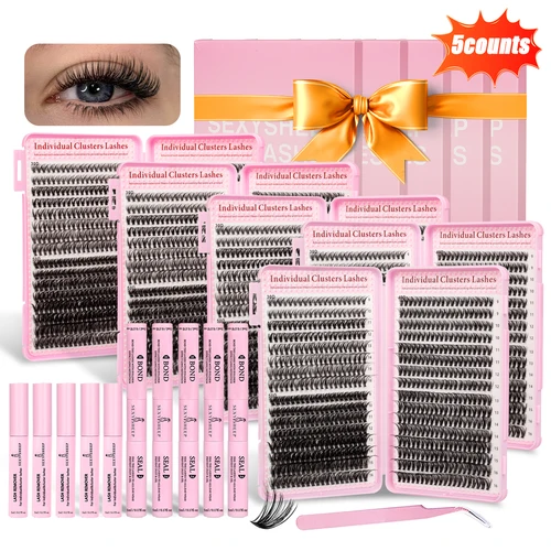 Imagen 1 del producto Kit de grupos de pestañas de 5 cajas, 30D40D50DLash, grupos de pestañas naturales finas DIY con pinzas para quitar uniones y sellos