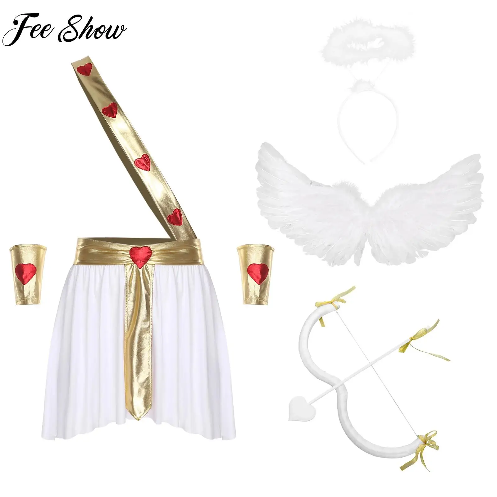 

5Pcs Mens Carnival Cupid Fancy Dress Up Party Halloween Cosplay Costumes Heart Pattern Skirt+Accessories Set for Themed Party