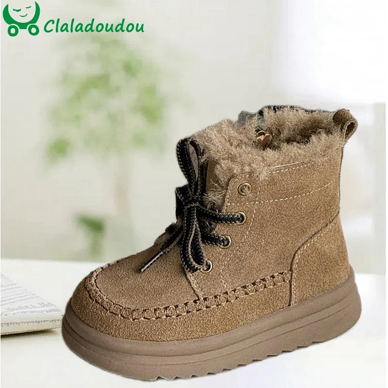 Brand Boys' Snow Boots With Fur Plush Genuine Leather Kids Girls Winter Shoe Solid Suede Wide Toe Simple Lace-up Warm Ankle Boot