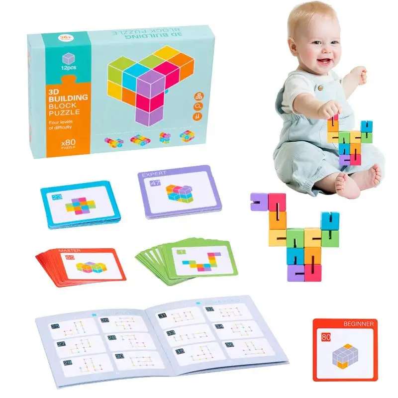 Stacking Blocks Interesting Wooden Cube Block Puzzle Geometric Block 3D Brain Teaser 40 Two-sided Advanced Problem Cards