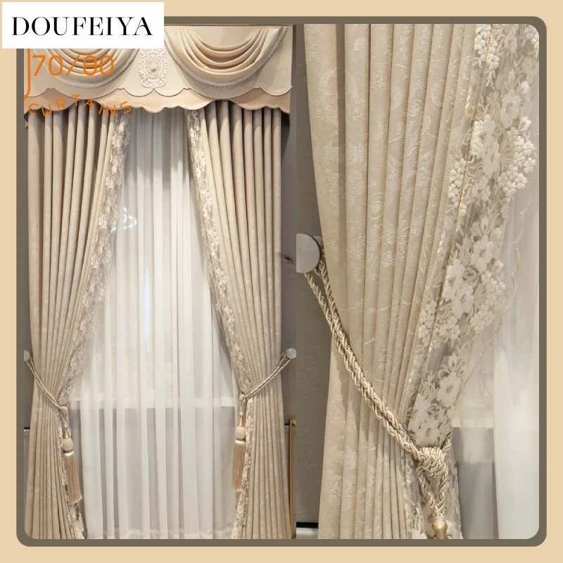 

High-precision Flower Thickened Lace Splicing Curtains for Living Room Bedroom Window Customized Products Fashion Retro Print