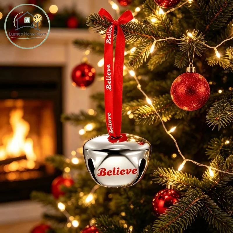 Christmas Jingle Bells Polished Silver Metal with Believe Print Red Ribbons for Holiday Party Decoration