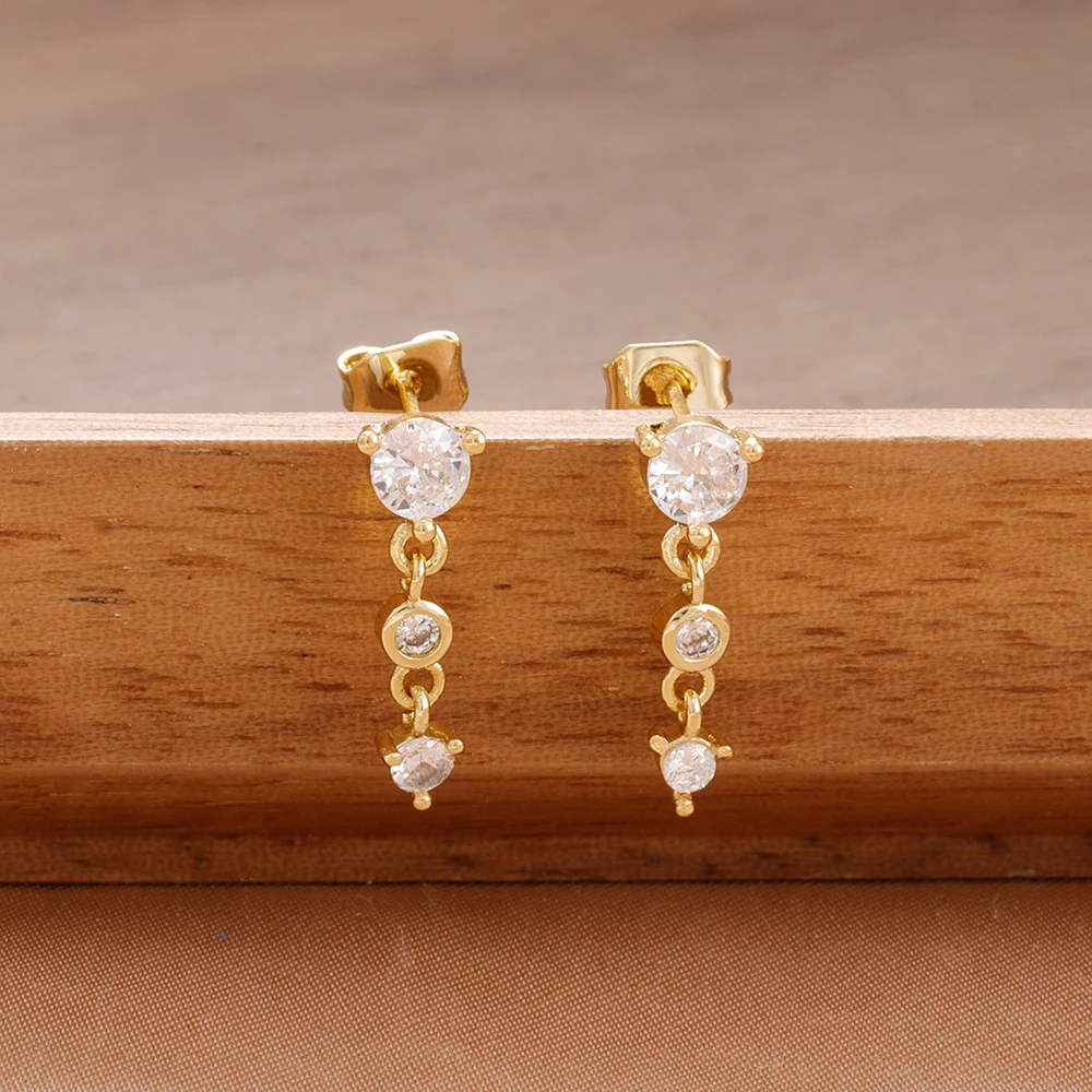 2pcs Geometry Stainless Steel Piercing Crystal Stud Earrings For Women 14K Gold Plated Elegant Tassel Jewelry Gift Pendiente