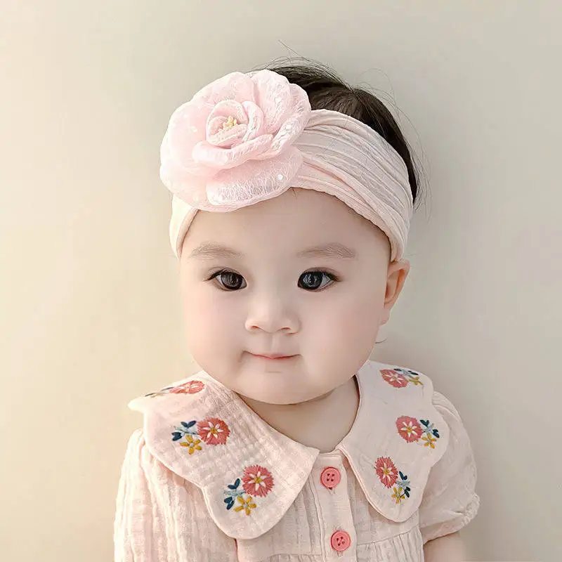 Big Ruffle Bow Nylon Headband Wide Baby Turban Super Soft Chiffon Handmade Knotted Infant Headwrap One Size Fits All