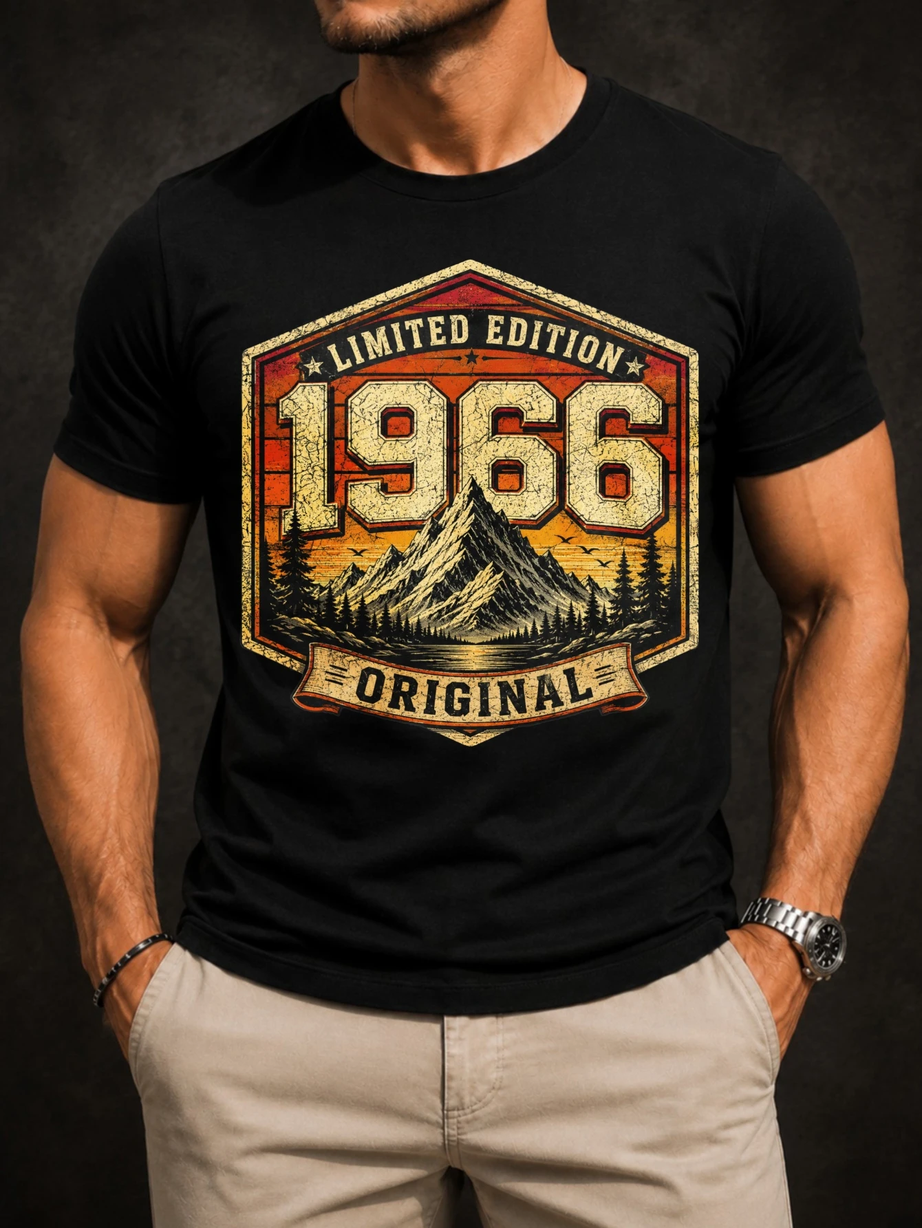 Vintage 1966 Limited Edition Original Graphic Retro Hexagon Mountain Sunset Pine Tree Bird Print  Unisex All T-Shirt