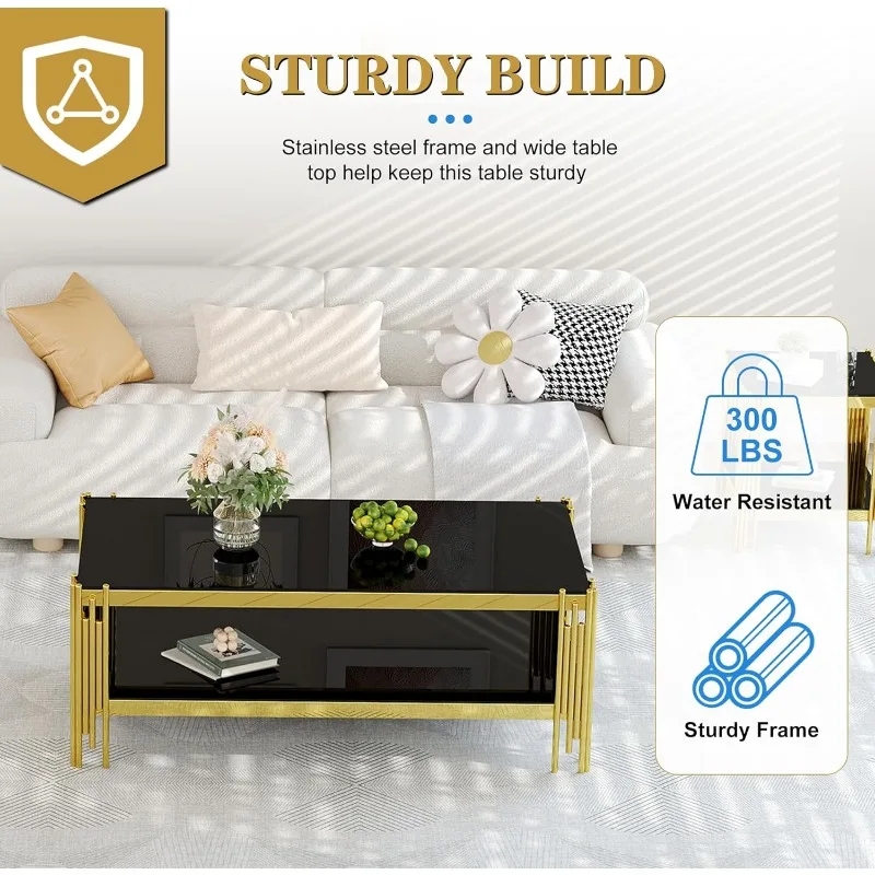 طقم طاولة قهوة زجاجية مكونة من 3 قطع، طاولة قهوة من الزجاج المقسى باللون الأسود مكونة من طبقتين من الفولاذ المقاوم للصدأ - للفتيات #5