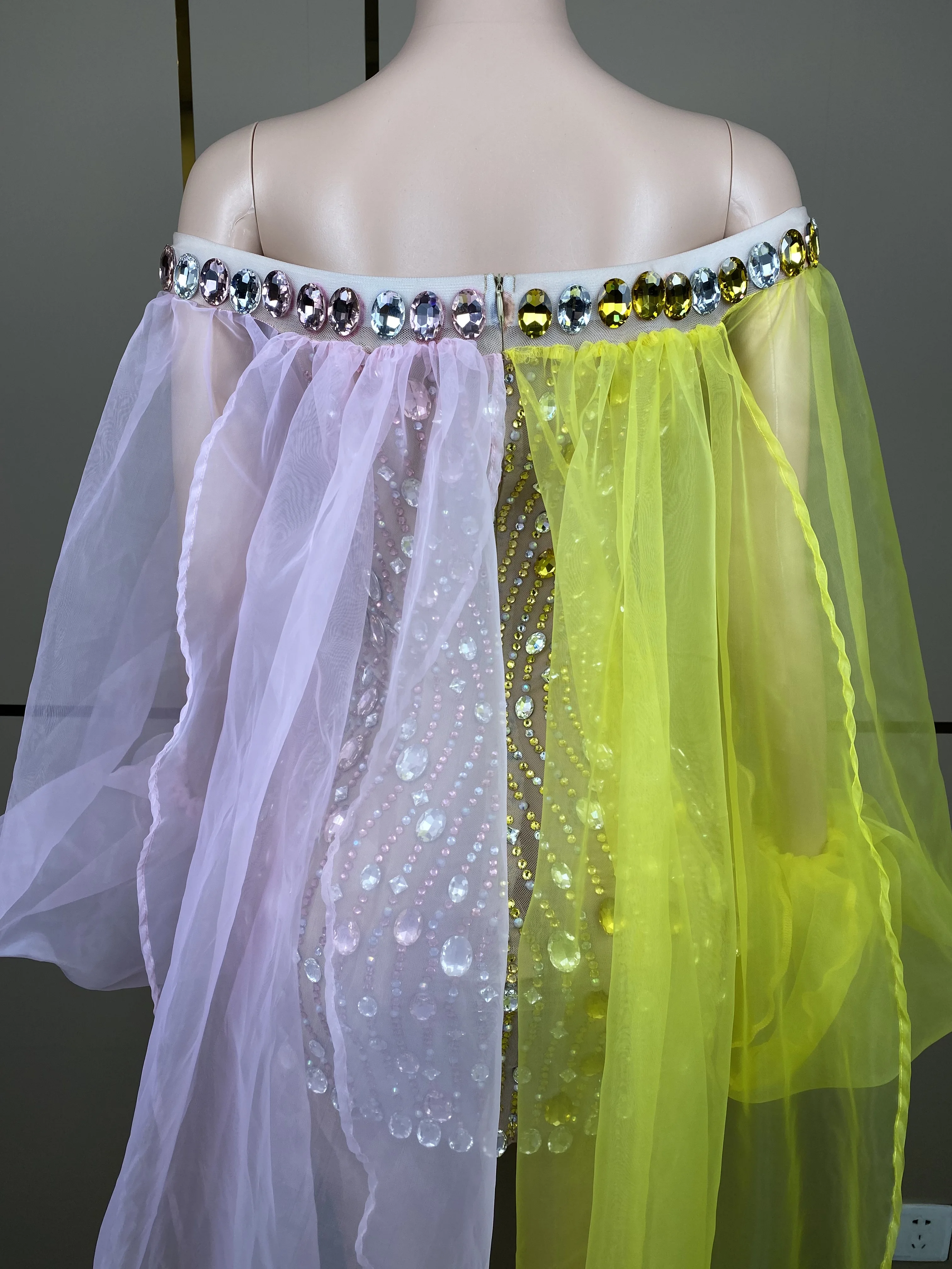 Women Sexy Stage Colorful Rhinstones DressEvening Celebrate Birthday Club Singer DancelPerformance Transparent Mesh Host D037