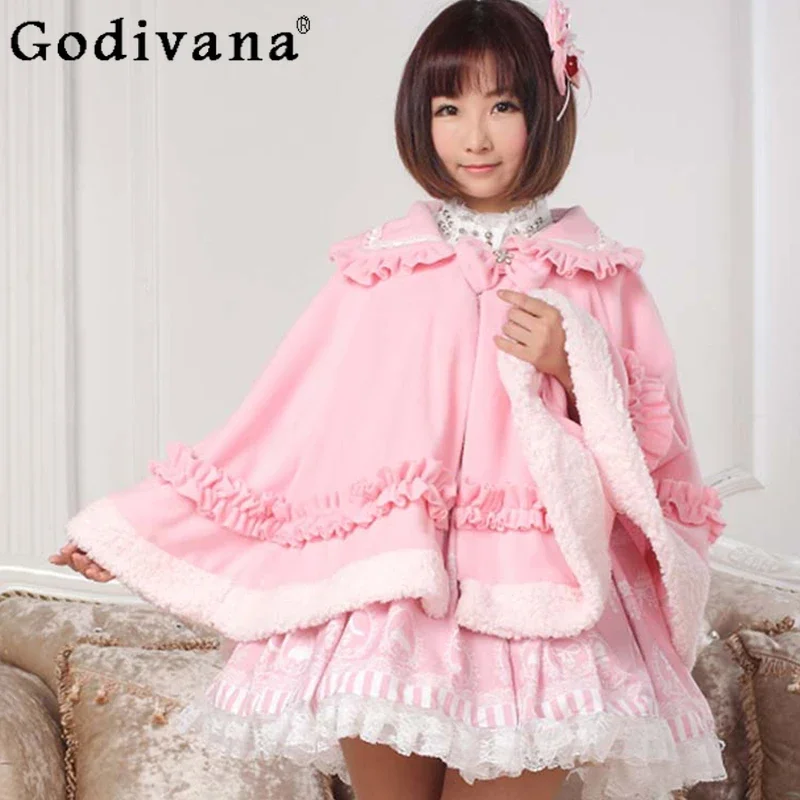 

Autumn Winter Warm Thickened Lolita Capes Ponchos Japanese Style Girl Sweet Cute Bow Loose Cape Coat Women Princess OverCoat