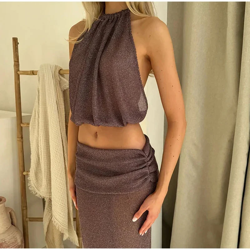 Women Skirts Suit Sexy See through Sleeveless Backless Halter Tank Top High Waist Hip Package Pleated Skirt Sets Lady Outfits