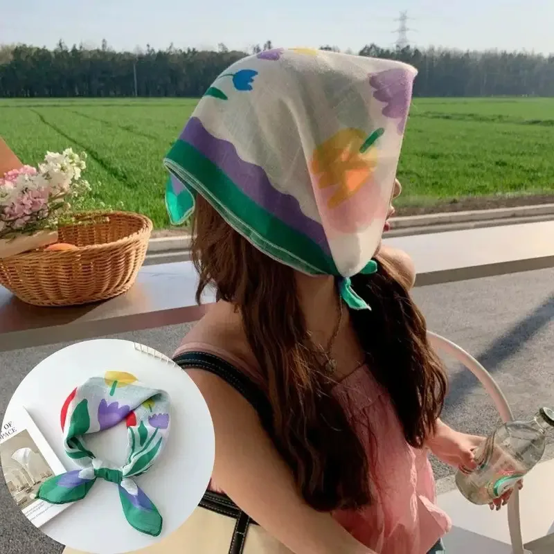 

58x58cm Floral Cherry Print Square Scarf Thin Neck Scarf Casual Sunscreen Headscarf For Women Korean Style Spring Hair Band