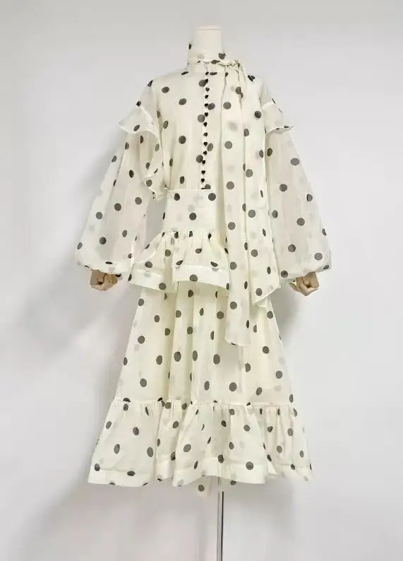 

Women's Two-Piece Set 2025 Autumn New Irregular Polka Dot Ruffle Skirt Set Elegant Commuting Retro Skirt Set for Women
