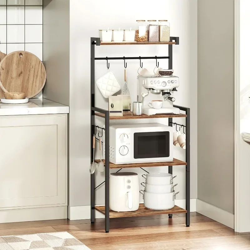 

For Kitchen Bakers Rack with Storage, 4 Tiers Coffee Bar Station, Kitchen Microwave Stand with 8 S-shaped Hooks