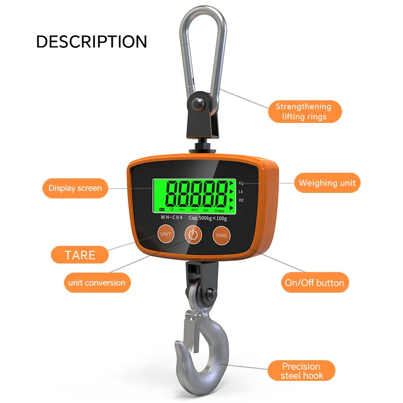 

C04 Green Backlight Electronic Hanging Scale 500kg Industrial Hook Portable Scale Super Loud Buzzer Prompt