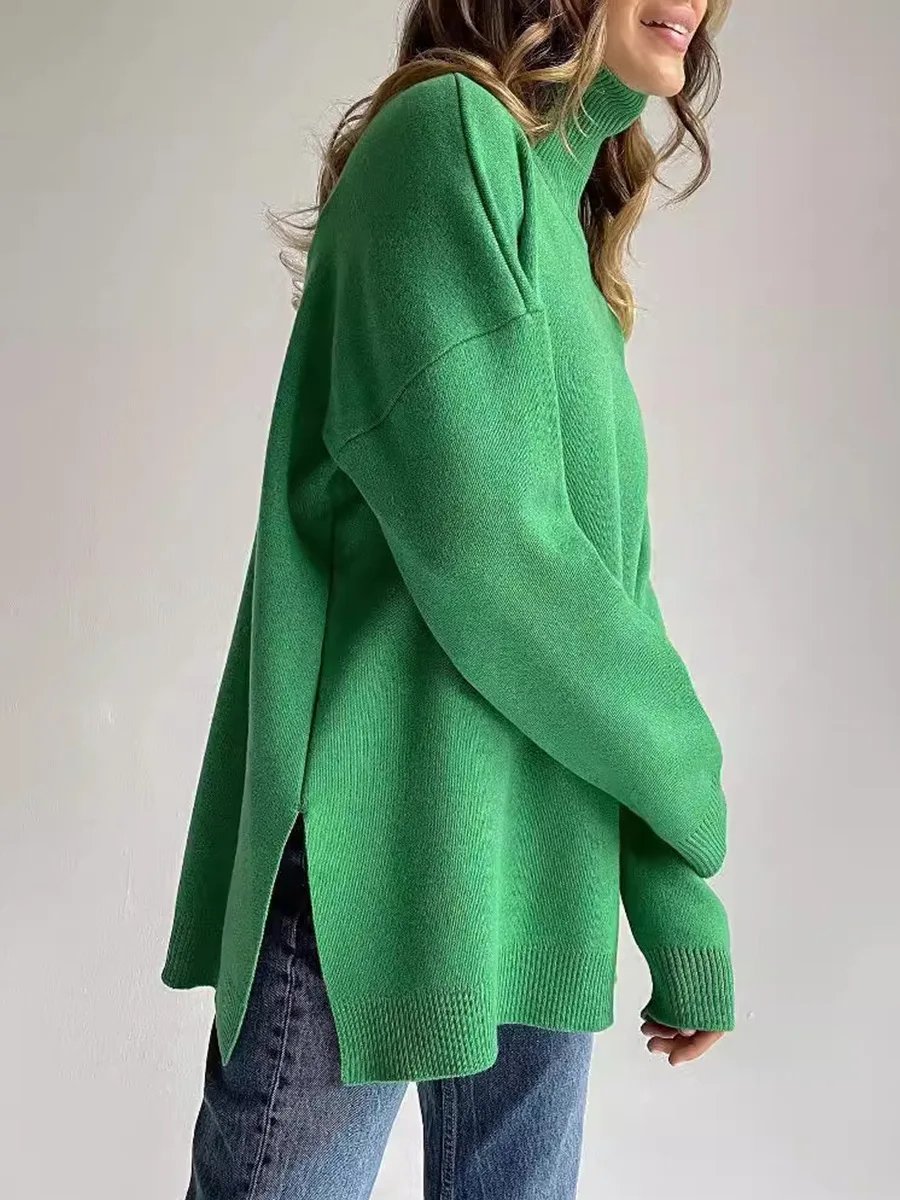 

Green turtleneck sweater slit ladies autumn and winter warm, comfortable and fashionable knitted sweater