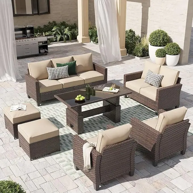 

7 Piece Wicker Conversation Set with Lift Coffee Table Sectional Dining Set 3 Seat Sofa Couch with Loveseat Ottoman