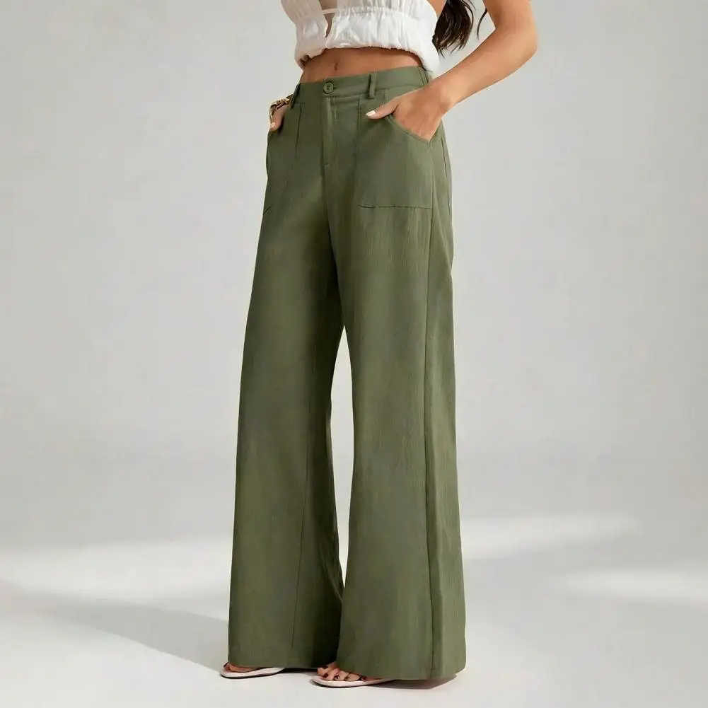 Cotton Linen Wide Leg Pants Women Loose Button Elastic Waist Casual Trousers Solid Color Palazzo Pants Pockets