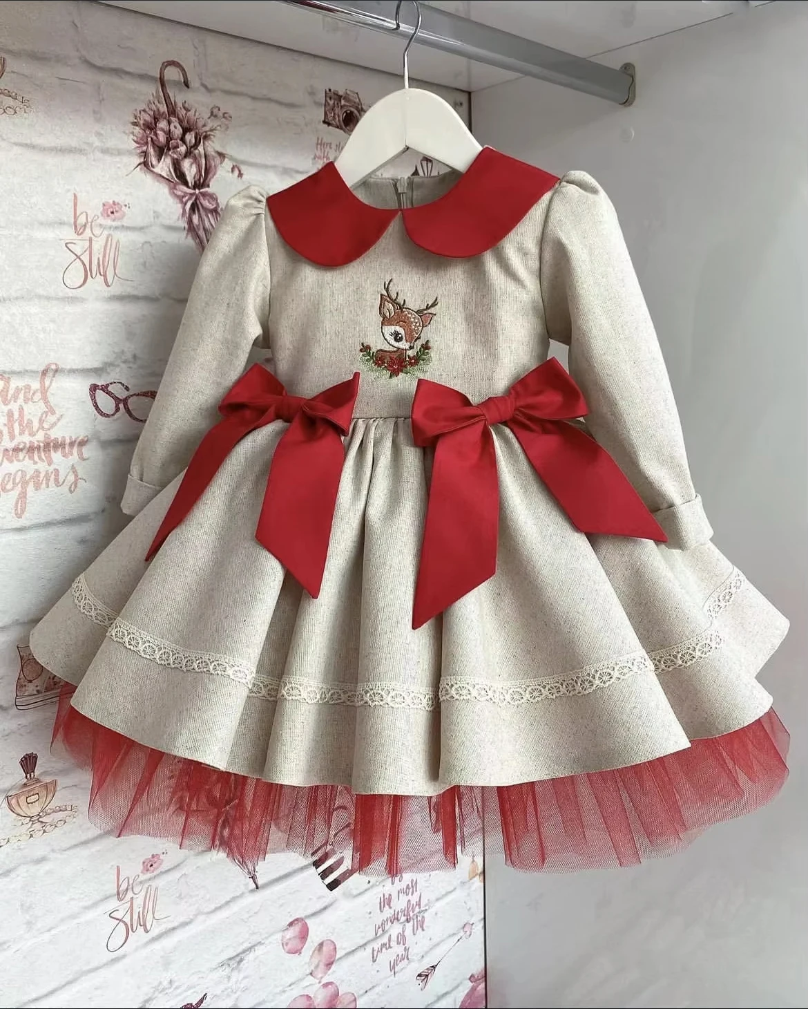 Baby Girl Summer Khaki Deer Embroidery Turkish Vintage Ball Gown Princess Dress for Easter Eid Birthday Party