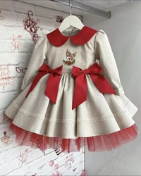 0-12Y Baby Girl Autumn Khaki Deer Embroidery Turkish Vintage Princess Dress for Easter Eid Birthday Party Christmas C85
