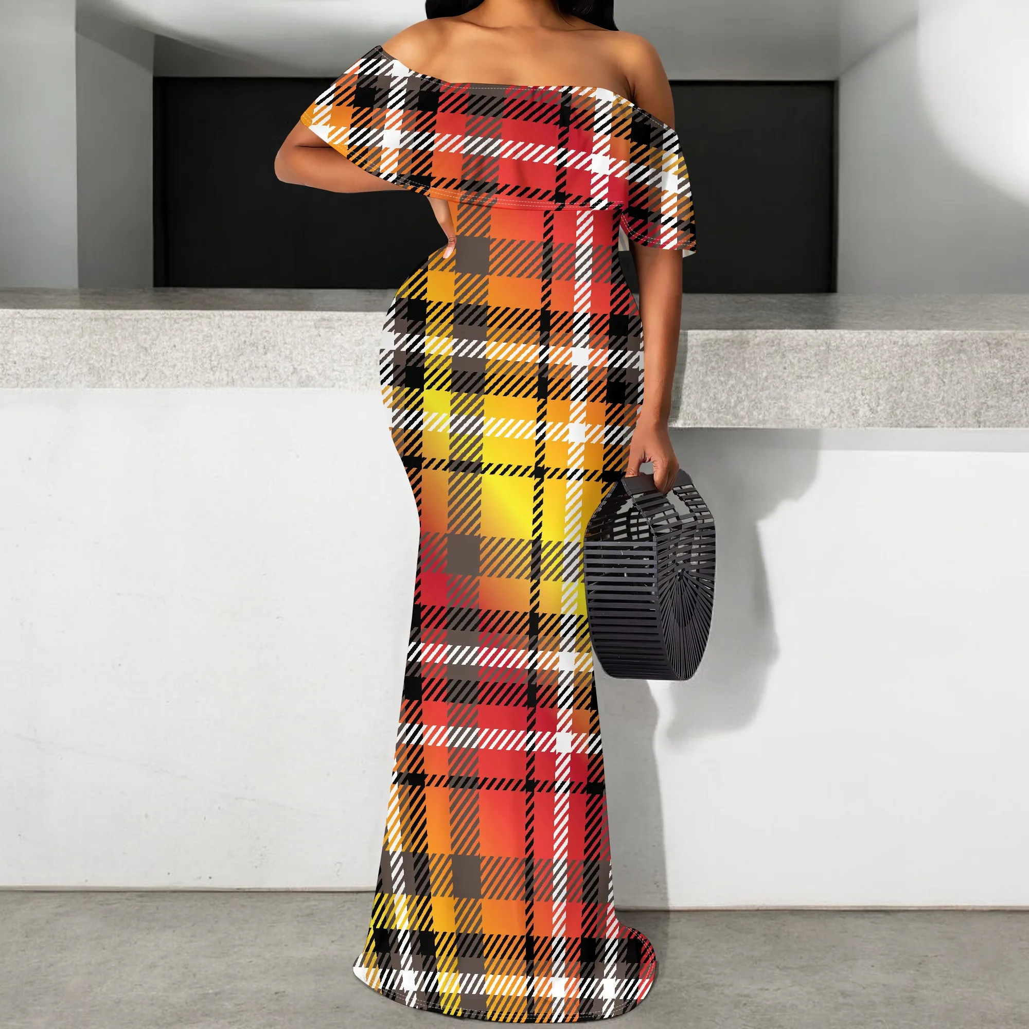 

Women's Plaid Off-Shoulder Mermaid Dress Elegant Ruffle Christmas Party Gown S-3XL