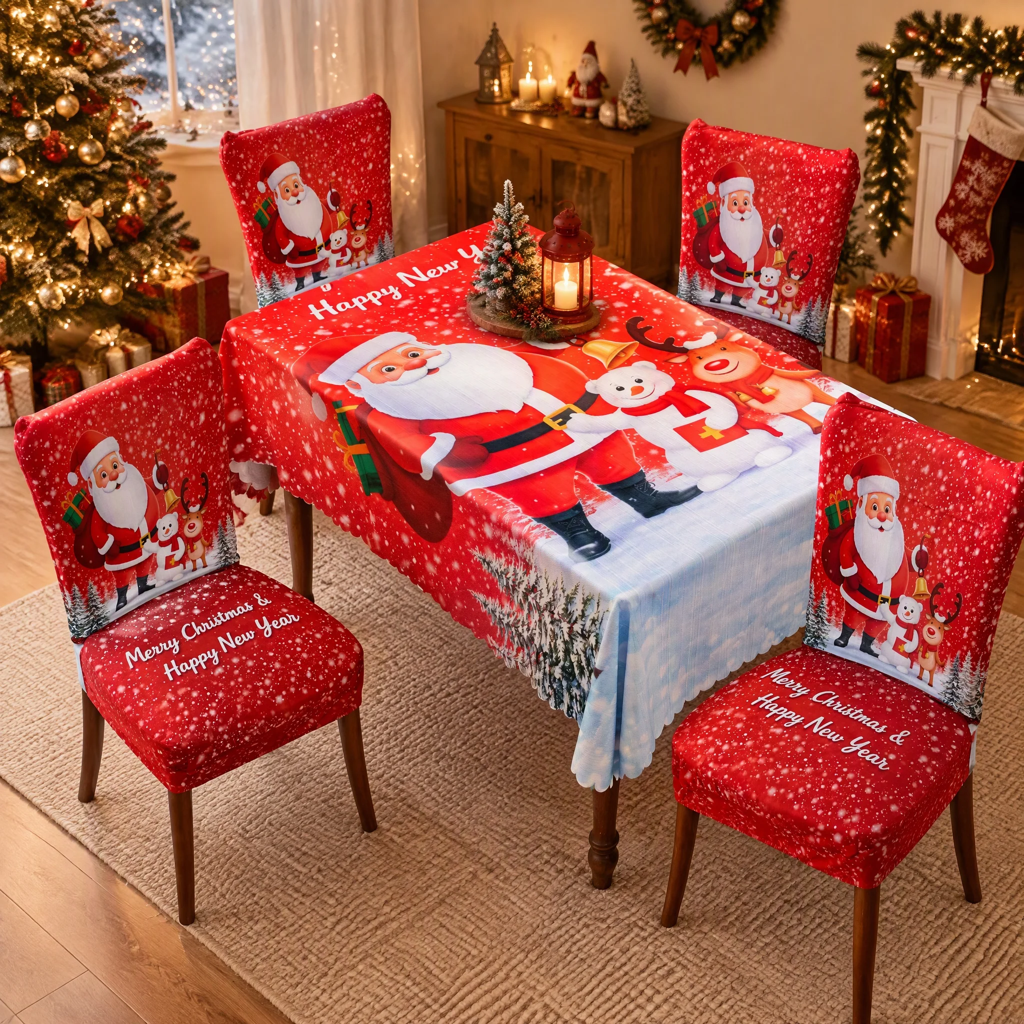 Christmas Tablecloth Santa Reindeer Snowfall Rectangle 140x210cm Waterproof Red Xmas Dining Table Cover