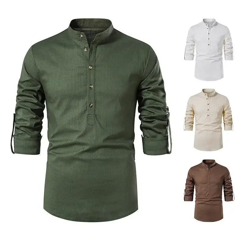 

2023 Spring and Autumn Men's Linen Shirt Long Sleeve Cotton Loose Fit Shirt