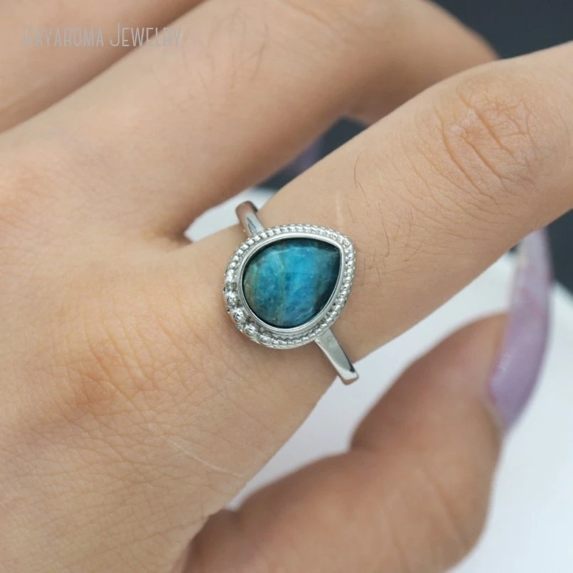 10Pcs Silver Color Water Drop Shape Teardrop Wholesale Semi-precious Stone Apatite Ring RM51352