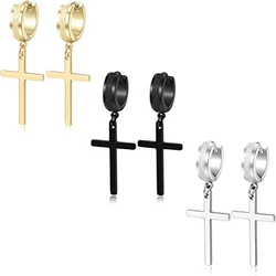 3 Pairs Cross Earrings Pendant Hinged Men's Earrings Stainless Steel Cross Hoop Earrings for Men and Women Silver Gold Black
