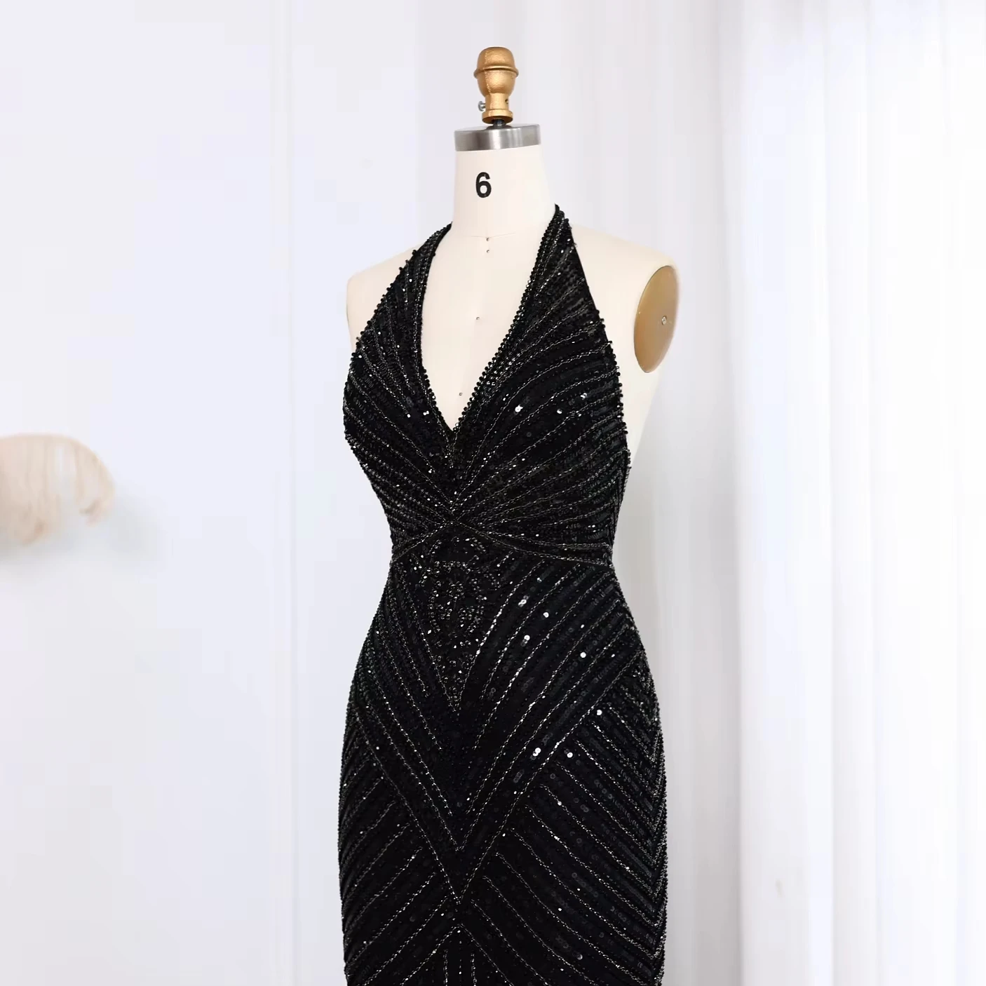 Customized Sexy Halter Open Back Mermaid Black Luxury Beaded Evening Prom Dresses For Women Silver Nude Long Party Gowns Lsz013