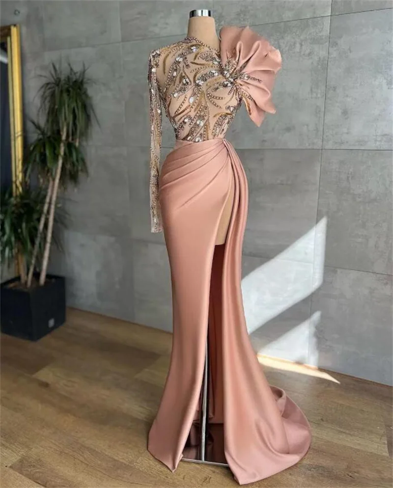 Luxury One Shoulder Muslim Evening Dress Crystals Appliques Dubai Side Split Ruffles Beaded Formal Party Prom Gowns Custom Made