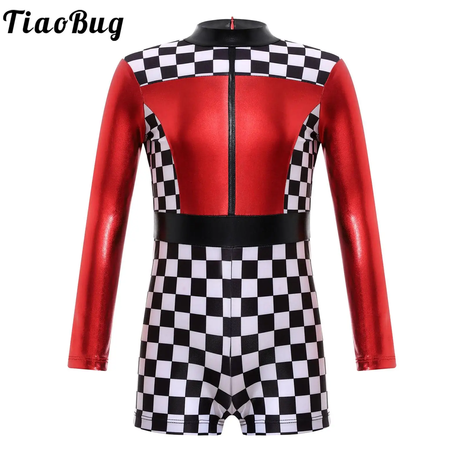 

Kids Girls Race Car Racer Costume Halloween Carnival Theme Party Cosplay Long Sleeve Checkerboard Print Zipper Jumpsuit Bodysuit