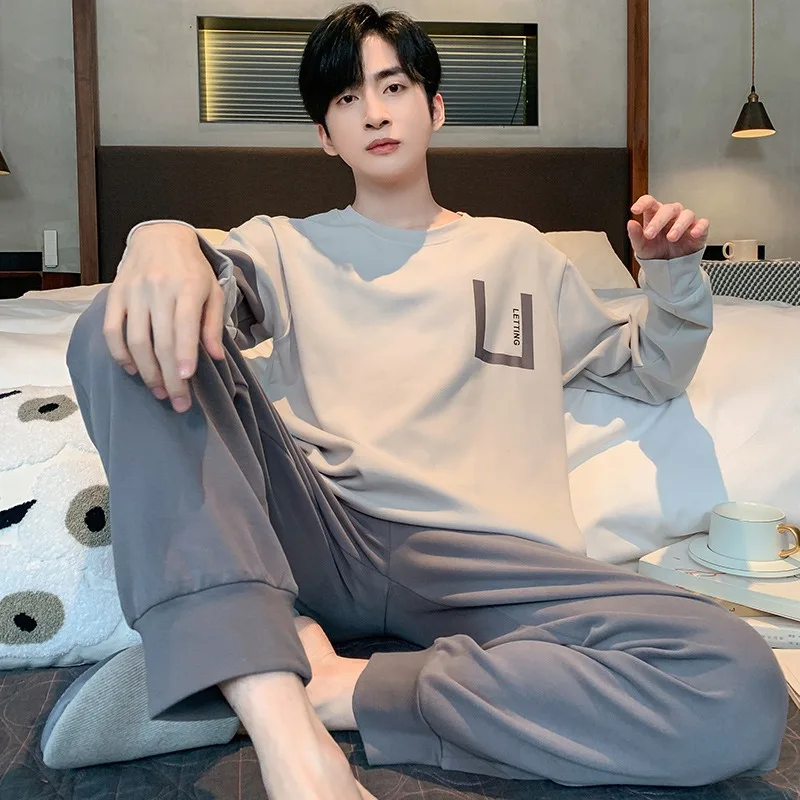 Plus Size Men Pajamas Striped Long Sleeve Long Pants Crew Neck Soft Breathable Teen Student Loungewear Two-Piece Cartoon Letter