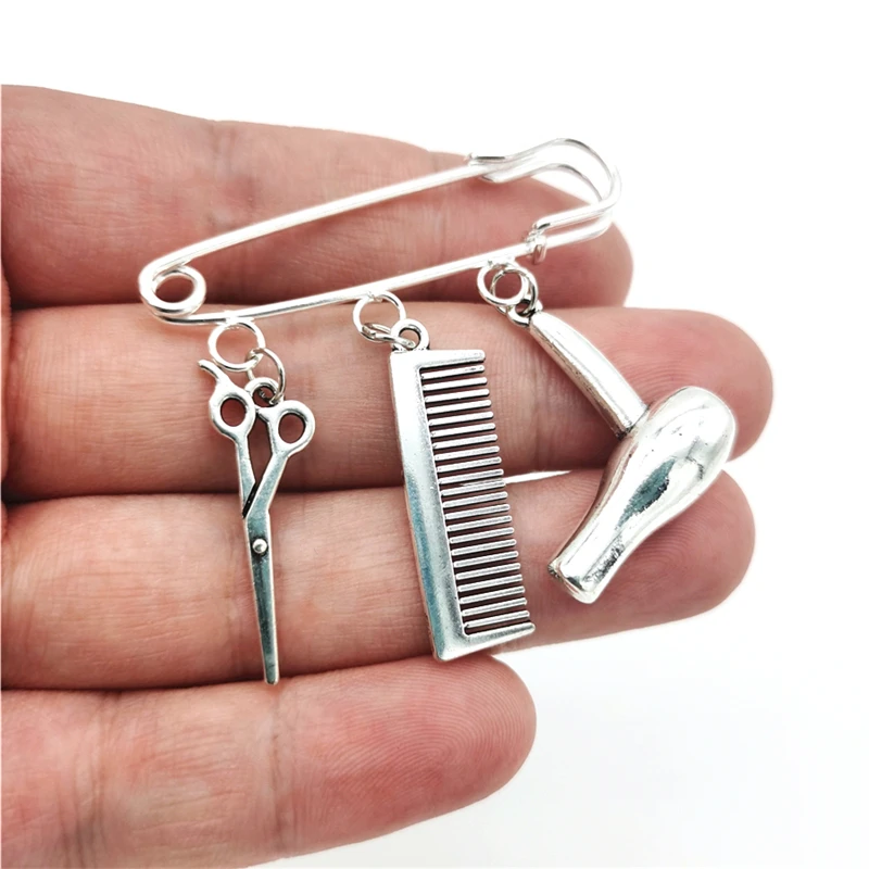 Fashion Hair Stylist Brooch Pendant Antique Silvery Color Hair Dryer Scissors Comb Brooch Hairdresser Jewelry Gifts