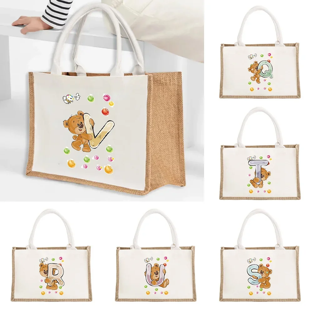 

Tote Bag Environmental Jute Shopping Bag Portable Large Capacity Beach Bag Lightweight Grocery Storage Bags Cute Bear Pattern