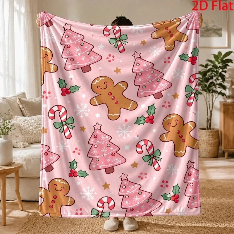 Pink Gingerbread Man Xmas Tree Print Throw Blanket, Candy Cane Holly Berry Festive Sofa Throw Blanket